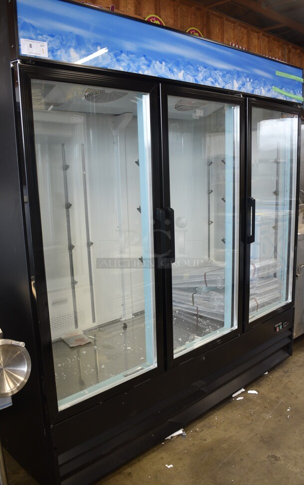 BRAND NEW SCRATCH AND DENT! 2024 Avantco 178GDC69HCB Metal Commercial 78 1/4" Black Customizable Swing Glass Door Merchandiser Refrigerator with LED Lighting. 115 Volts, 1 Phase. Tested and Working! - Image 2 of 7