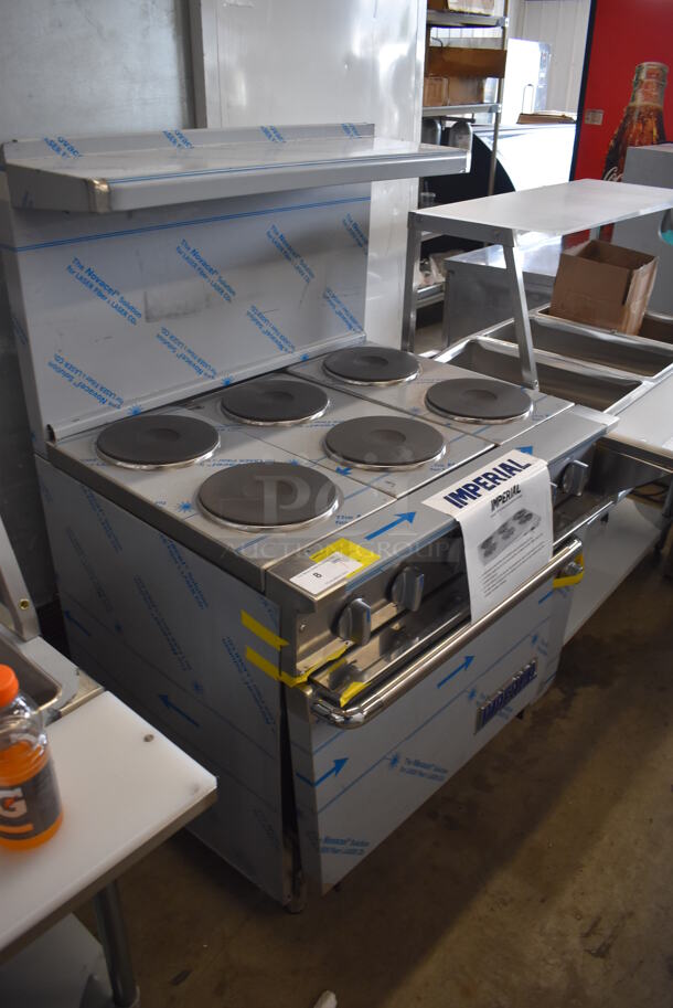 BRAND NEW SCRATCH AND DENT! Imperial Range Pro Series IR-6-E Stainless Steel Commercial Electric Powered 6 Round Plate Range w/ Oven, Over Shelf and Back Splash. 240 Volts, 3 Phase. - Image 2 of 10