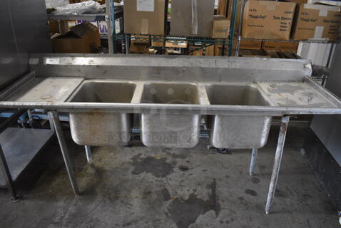 Stainless Steel Commercial 3 Bay Sink w/ Dual Drainboards. 90x28x42. Bays 16x20x12. Drainboards 16x23x1