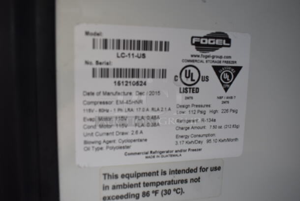 2015 Fogel LC-11-US Metal Commercial Single Door Reach In Cooler Merchandiser w/ Poly Coated Racks. 115 Volts, 1 Phase. 22x24x66. Tested and Powers On But Does Not Get Cold - Image 3 of 6