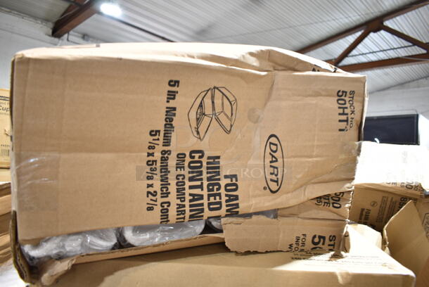 PALLET LOT of 15 BRAND NEW Boxes Including Dart 50HT1 5" x 5" x 3" White Foam Hinged Lid Container - 500/Case, 612509L 9" Round Foil-Laminated Board Lid, 500CC32P Choice Clear PET Plastic Cold Cup - 32 oz. - 500/Case, 5342CD Dixie PerfecTouch Insulated Paper Hot Cup 12 oz. - 1000/Case, 612SL47MED ChoiceHD Smoothwall Silver Medium Oblong Foil Entree / Take-Out Pan with Dome Lid 47.4 oz. - 50/Case. 15 Times Your Bid!  - Image 2 of 8
