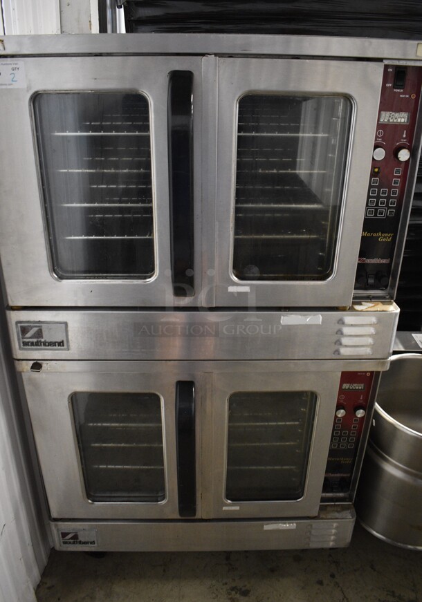 2 Southbend Marathoner Gold Stainless Steel Commercial Full Size Convection Oven w/ View Through Doors, Metal Oven Racks on Commercial Casters. 208 Volts, 3 Phase. 38x31x65. 2 Times Your Bid!