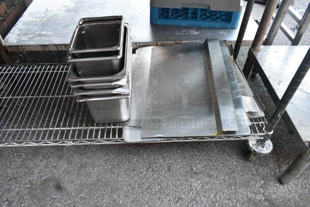 Green Finish 4 Tier Wire Shelving Unit on Commercial Casters w/ Contents including Baskets, Stainless Steel Drop In Bins and Metal Baking Pans. BUYER MUST DISMANTLE. PCI CANNOT DISMANTLE FOR SHIPPING. PLEASE CONSIDER FREIGHT CHARGES. - Image 8 of 8