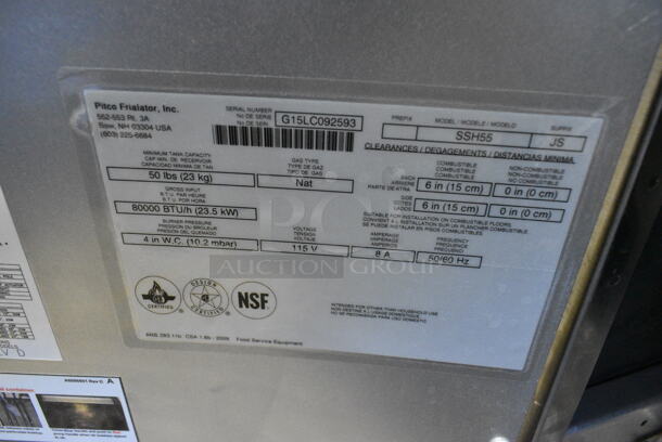 BRAND NEW SCRATCH AND DENT! Pitco Frialator SSH55 Stainless Steel Commercial Natural Gas Powered 2 Bay Deep Fat Fryer w/ 4 Metal Fry Baskets and 4 Splash Guards on Commercial Casters. 80,000 BTU.  - Image 11 of 12