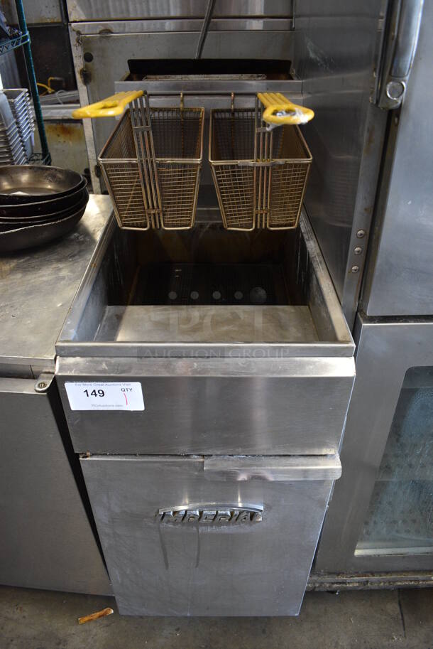 Imperial Model IFS-40 Stainless Steel Commercial Floor Style Natural Gas Powered Deep Fat Fryer w/ 2 Metal Fry Baskets. 105,000 BTU. 15.5x30x47