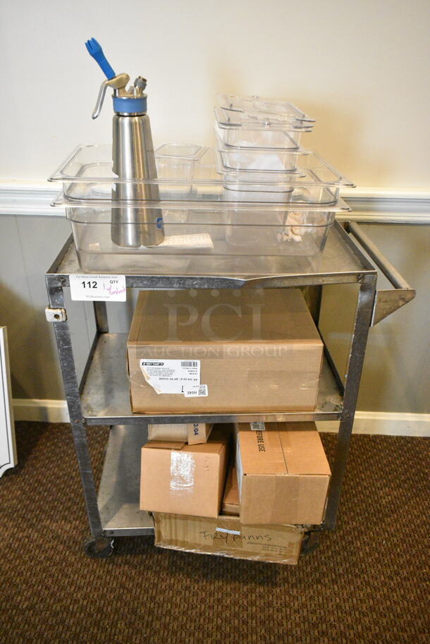 Metal 3 Tier Cart on Commercial Casters w/ Contents Including Poly Bins. (secondary dining room) - Image 1 of 10