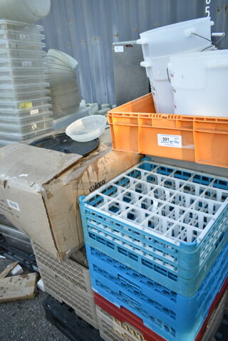 PALLET LOT of Various Items Including Dish Caddies, Orange Bin and Poly Buckets