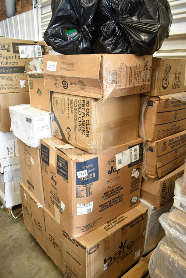 PALLET LOT of 25 BRAND NEW Boxes Including Choice Soup Containers, 3 Box Bare Solo Plastic Lids, LG8R Solo Lids, Dart 8SJ20 8 oz. Extra Squat White Customizable Foam Food Container - 1000/Case, 500CC10 Choice 10 oz. Clear PET Plastic Cold Cup - 1000/Case, 500LFLAT Choice Clear Flat Lid with Straw Slot - 9, 12, 16, 20, and 24 oz. - 1000/Case, 128HD32BULK ChoiceHD 32 oz. Microwavable Translucent Plastic Deli Container - 480/Case, 245CCGR8BL Baker's Lane 8