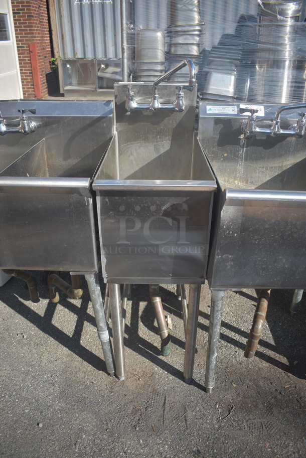 Commercial Stainless Steel One Bay Utility Sink With Splash Mount Faucet On Galvanized Legs.