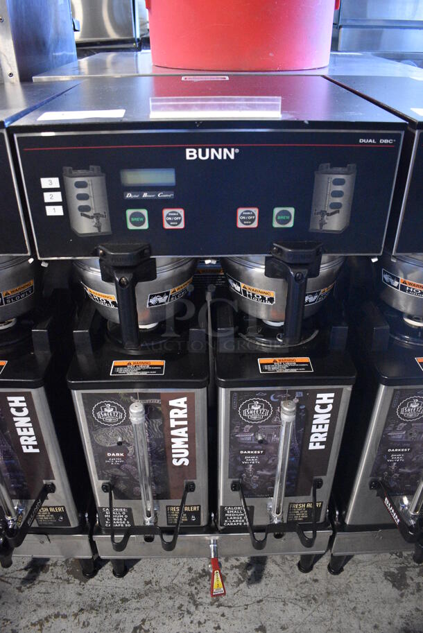 2012 Bunn Model DUAL SH DBC Stainless Steel Commercial Countertop Dual Coffee Machine w/ Hot Water Dispenser, 2 Stainless Steel Brew Baskets and 2 Bunn Model SH SERVER Satellite Servers. 120/208-240 Volts, 1 Phase. 18x24x36. Tested and Working! - Image 1 of 5