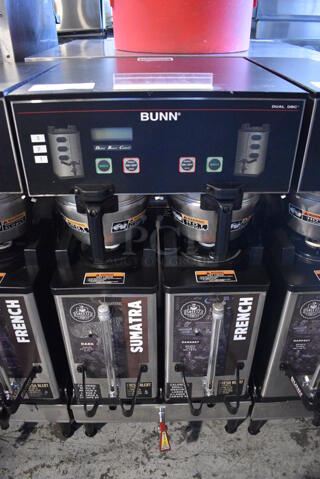 2012 Bunn Model DUAL SH DBC Stainless Steel Commercial Countertop Dual Coffee Machine w/ Hot Water Dispenser, 2 Stainless Steel Brew Baskets and 2 Bunn Model SH SERVER Satellite Servers. 120/208-240 Volts, 1 Phase. 18x24x36. Tested and Working!