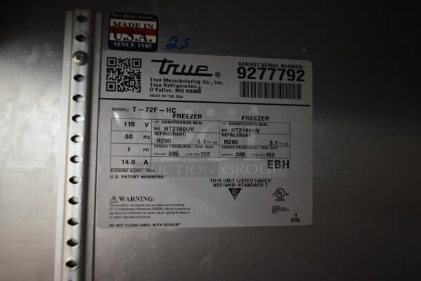 2017 True T-72F-HC Stainless Steel Commercial 3 Door Reach In Freezer w/ Poly Coated Racks on Commercial Casters. 115 Volts, 1 Phase. Tested and Working! - Image 7 of 9