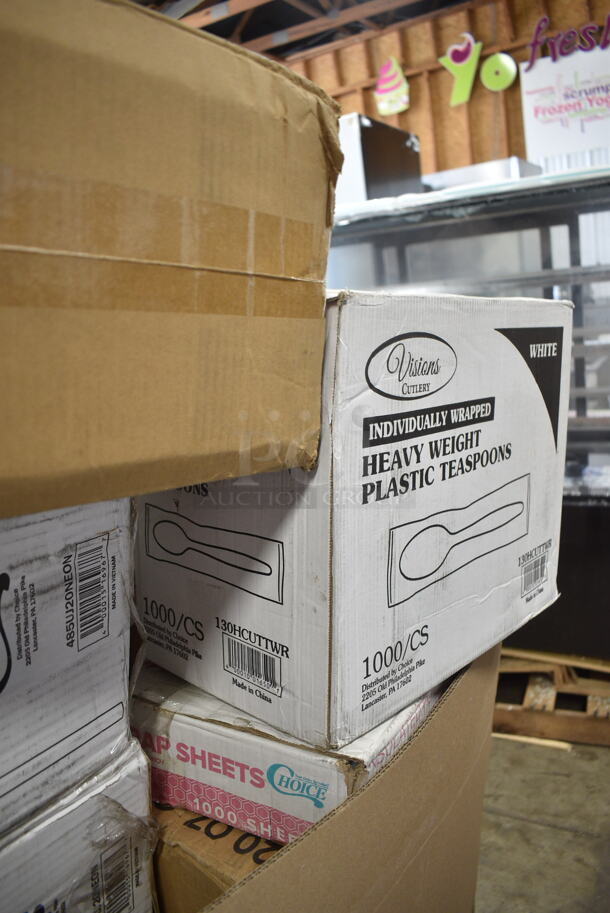 PALLET LOT of 30 BRAND NEW Boxes Including 433QLINERBL Baker's Lane 16x24 Full Size Quilon, 2 Box Choice Neon Jumbo Straws, 130HCUTTWR Visions Individually Wrapped Plastic Spoon, 164WHCKDNAT Lancaster Table & Seating Standard Height Wooden High Chair with Natural Finish - Unassembled, 999RP10 Visions Wave 10" Plates, 500CC16 Choice Clear PET Customizable Plastic Cold Cup - 16 oz. - 1000/Case, Y12S Dart Squat Plastic Cold Cup, P55 Heavy Patty Sheets, 50016C Choice 16 oz. Coffee Print Poly Paper Hot Cup - 1000/Case, Tuxton GAS-008 TuxTrendz Artisan Sagebrush 11 5/8" China Plate - 12/Case, DBP09W Dixie Basic 8 1/2" White Light Weight Paper Plate - 500/Case, 433W4BGC Choice White Paper Bag, Popcorn Bags. 30 Times Your Bid! - Image 5 of 12