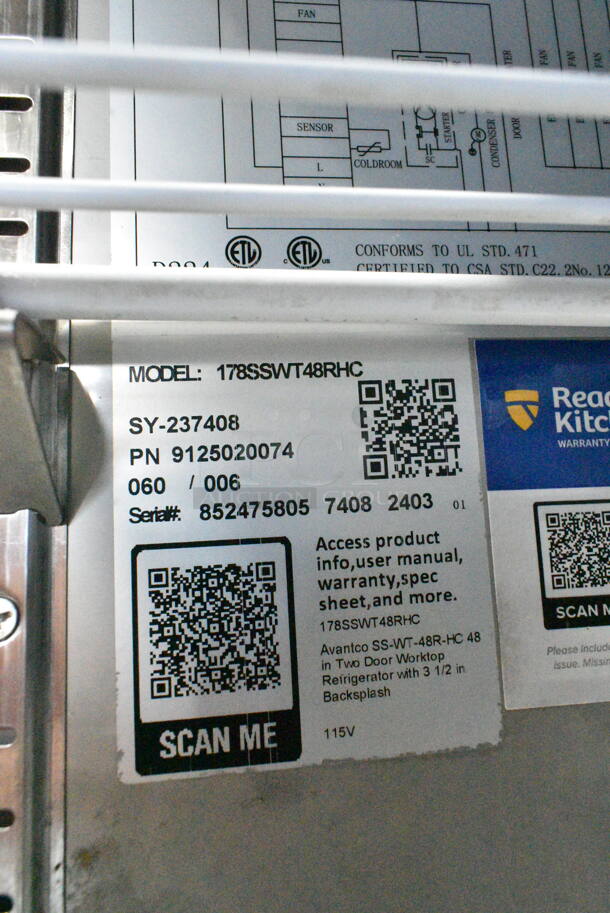 BRAND NEW SCRATCH AND DENT! 2024 Avantco 178SSWT48RHC Stainless Steel 48" Two Door Worktop Refrigerator with 3 1/2" Backsplash on Commercial Casters. 115 Volts, 1 Phase. Tested and Working! - Image 8 of 8
