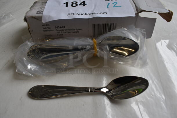 12 BRAND NEW IN BOX! Winco 0031-09 Stainless Steel Peacock Demitasse Spoons. 4.5