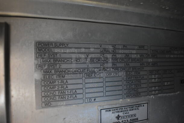 Victory RSA-2D-S7-PT Stainless Steel Commercial 2 Door Reach In Pass Through Cooler w/ Poly Coated Racks. 115 Volts, 1 Phase. 52x34x84. Tested and Powers On But Does Not Get Cold - Image 6 of 8