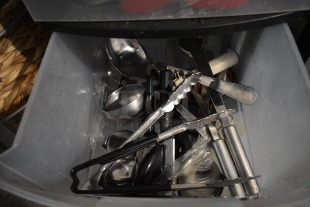 ALL ONE MONEY! Lot of Clear and Black Poly 3 Drawer Cabinet w/ Contents Including Tongs - Image 4 of 5