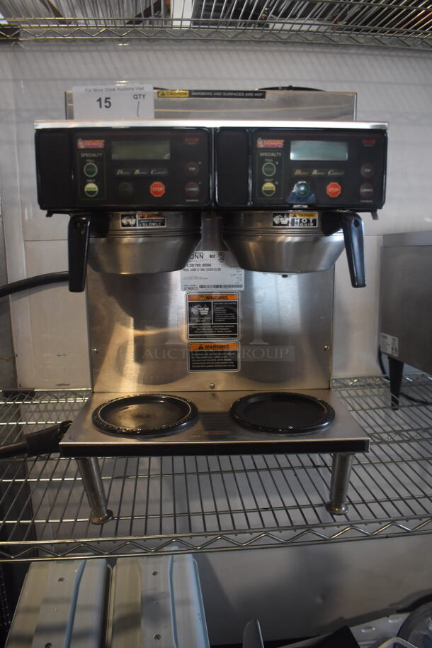 2014 Bunn AXIOM Commercial Stainless Steel Electric Countertop 2/2 Twin Coffee Maker With 2 Top Warming Stations on Galvanized Legs. 120/208-240V, 1 Phase. 