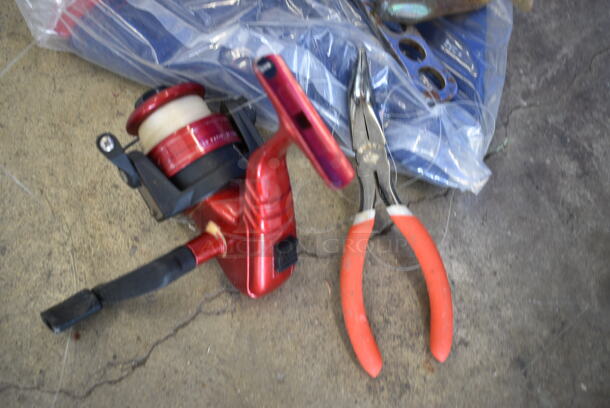 ALL ONE MONEY! Tier Lot of Various Items Including Hooks, Pliers, Reel, and Lures - Image 7 of 12