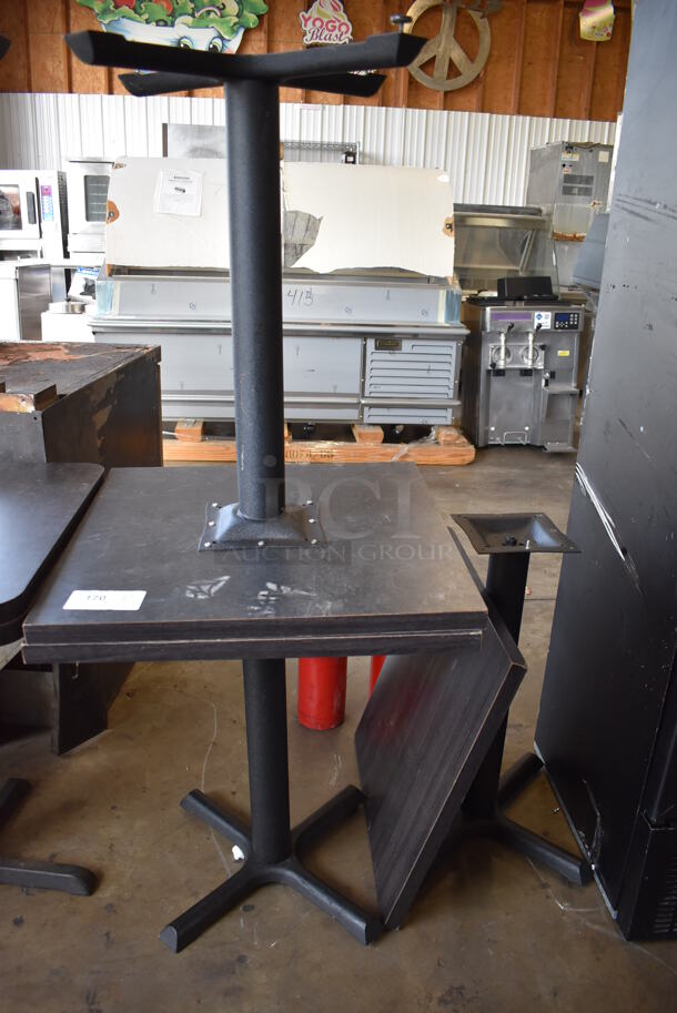 3 Dark Wood Pattern Tabletops on Black Metal Table Base. One Tabletop Is Detached From Its Base. 24x24x29. 3 Times Your Bid! - Image 2 of 7