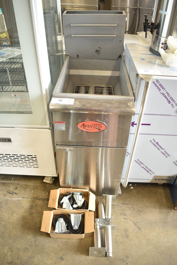 BRAND NEW SCRATCH AND DENT! 2023 Avantco 177FF40N Stainless Steel Commercial Floor Style Natural Gas 40 lb. Stainless Steel Floor Fryer with Casters and Legs. 90,000 BTU.  - Image 2 of 7