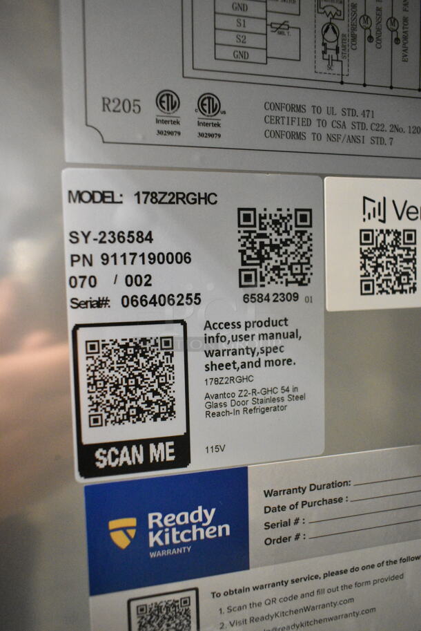 BRAND NEW SCRATCH AND DENT! 2023 Avantco 178Z2RGHC Stainless Steel 54" Glass Door Stainless Steel Reach-In Refrigerator w/ Poly Coated Racks. 115 Volts, 1 Phase.  Tested and Working! - Image 7 of 7