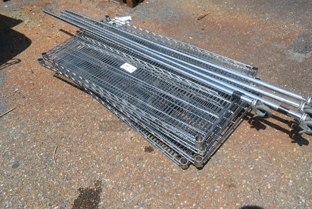 ALL ONE MONEY! Lot of 6 Chrome Finish Wire Shelves and 4 Poles on Commercial Casters - Image 3 of 3