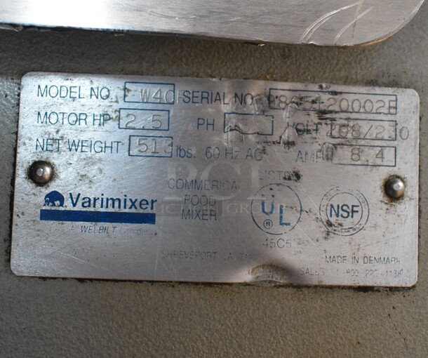 Varimixer Welbilt Model W40 Metal Commercial Floor Style 40 Quart Planetary Mixer w/ Stainless Steel Mixing Bowl and Dough Hook Attachment. 208/230 Volts, 3 Phase. 22x34x37 - Image 5 of 5