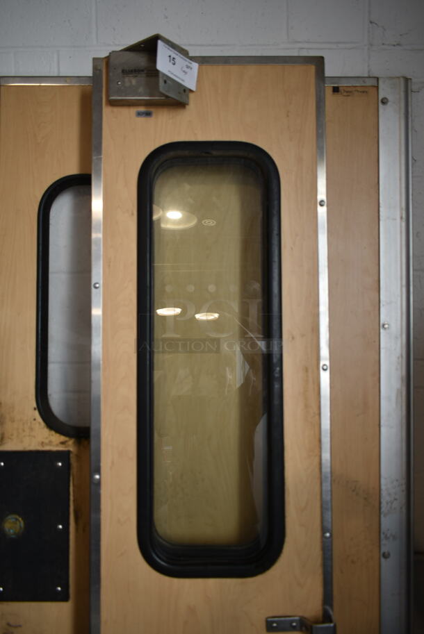 3 Various Sized Eliason Wood Patterned Swinging Kitchen Doors. 17.5x2x78.5, 35x2.5x78.5. 2 w/ Hardware. 3 Times Your Bid! - Image 2 of 9