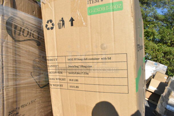 28 BRAND NEW Boxes Including 395RP10CPF EcoChoice No PFAS Added 10" Natural Bagasse Blend 3 Compartment Plate - 500/Case, 1501405NAT Choice 2 3/4" x 10" Kraft Disposable Silverware / Bakery / Churro Bag - 2000/Case, 433HLFHCAKE Choice 1/2 Size High Dome Sheet Cake Display Container with Clear Dome Lid - 25/Case, 966UPWIDEKFT OneUp by Choice Kraft 2-Ply Wide Interfold 6 1/2" x 8 1/2" Dispenser Napkin - 6000/Case, 395RP09W Choice Plates, 500LFLAT Choice 32 oz. Clear PET Plastic Flat Lid with No Straw Slot - 500/Case, 129MCR38B Choice 38 oz. Black Round Microwavable Heavy Weight Container with Lid - 150/Case, 394365M Noble Products Powder-Free Disposable Clear Vinyl Gloves for Foodservice - Medium - 1000/Case, 760PCC09 Choice 9 oz. Poly Paper Cold Cup - 2000/Case, 433CARRIER4 Choice Pulp Fiber 4 Cup Carrier - 300/Case, 500CC12 Choice Clear PET Customizable Plastic Cold Cup - 12 oz. - 1000/Case, 5012433M1 Lavex Li'l Herc 12-16 Gallon 1 Mil 24" x 33" Low Density Medium-Duty Clear Can Liner / Trash Bag - 250/Case, 130WHKSH Choice White Heavy Weight Wrapped Plastic Cutlery Pack - 500/Case, 500TO993C3 Choice 9" x 9" x 3" Microwaveable 3-Compartment Black / Clear Plastic Hinged Container - 100/Case. 28 Times Your Bid!  - Image 5 of 12