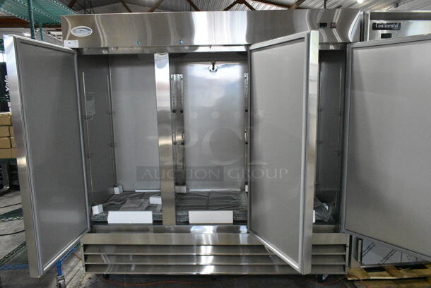 BRAND NEW SCRATCH AND DENT! KoolMore RIR-3D-SS Stainless Steel Commercial 3 Door Reach In Cooler w/ Poly Coated Racks on Commercial Casters. 115 Volts, 1 Phase. Tested and Working! - Image 3 of 11