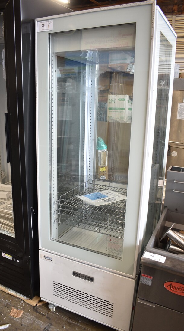BRAND NEW SCRATCH AND DENT! Avantco 193GD4C15HCW Metal Commercial  White 4-Sided Glass Refrigerated Display Case on Commercial Casters. 110-120 Volts, 1 Phase. Tested and Working! - Image 2 of 7