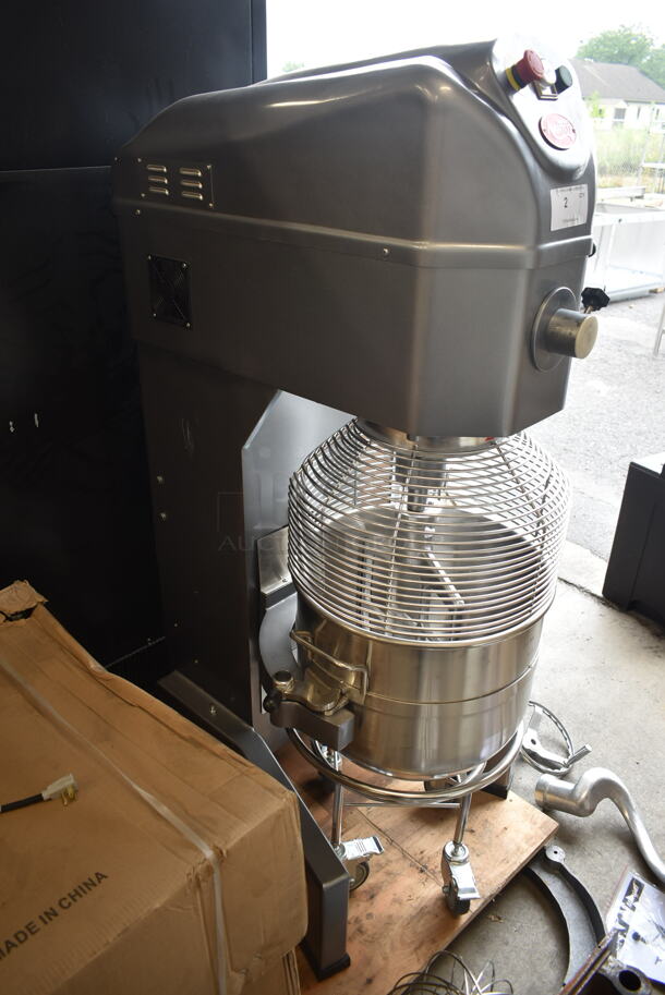 BRAND NEW SCRATCH AND DENT! Avantco 177MX60 Metal Commercial Floor Style 60 Quart Planetary Dough Mixer w/ Stainless Steel Mixing Bowl, Bowl Guard, Extra Bowl Support Piece, Dolly, Dough Hook, Paddle and Whisk Attachments. 240 Volts, 3 Phase. Tested and Working! - Image 7 of 12