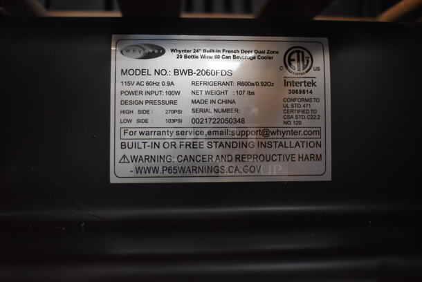 BRAND NEW SCRATCH AND DENT! Whynter BWB-2060FDS Stainless Steel 2 Door Wine Chiller Merchandiser. 115 Volts, 1 Phase. Tested and Working! - Image 7 of 8