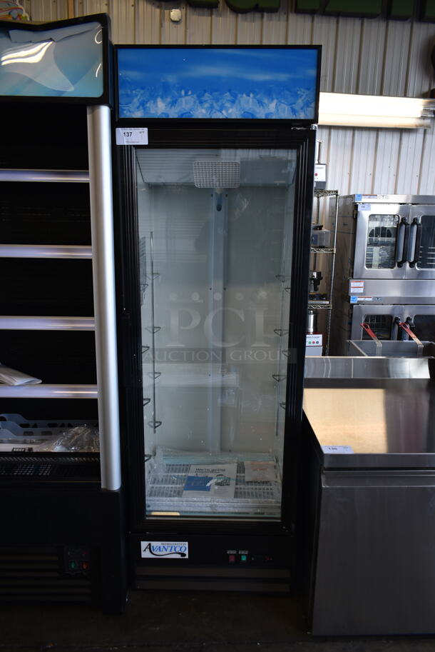 BRAND NEW SCRATCH AND DENT! 2023 Avantco 178GDC15HCB Metal Commercial Single Door Reach In Cooler Merchandiser w/ Poly Coated Racks. 115 Volts, 1 Phase. Tested and Working! - Image 1 of 9