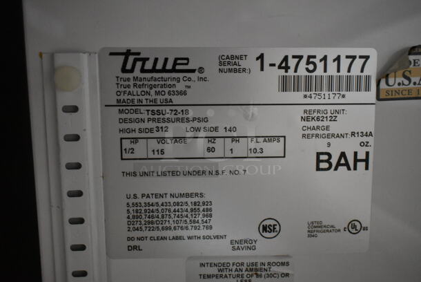 2014 True TSSU-72-18 Stainless Steel Commercial Sandwich Salad Prep Table Bain Marie Mega Top on Commercial Casters. 115 Volts, 1 Phase. Tested and Working! - Image 9 of 9