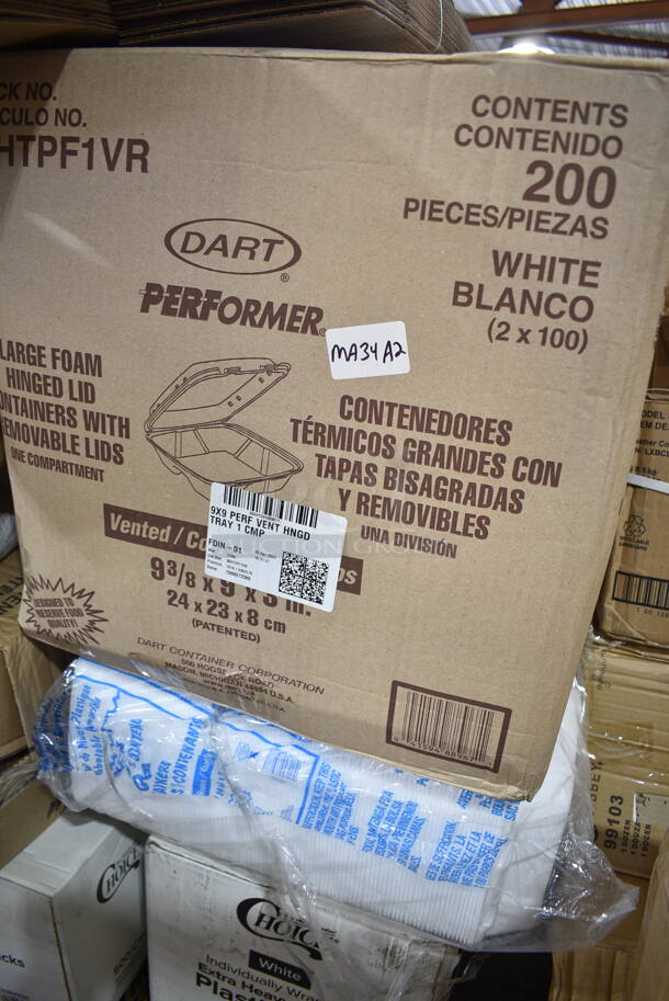 PALLET LOT of 30 BRAND NEW Boxes Including Dart 90HTPF1VR 9" x 9" x 3" White Foam Square Vented Take Out Container with Perforated Hinged Lid - 200/Case, 130WHSSPOONW Choice White Extra Heavy Weight Wrapped Plastic Soup Spoon - 1000/Case, 500CC24 Choice Clear PET Customizable Plastic Cold Cup - 24 oz. - 600/Case, 130BKFKSH Choice Black Heavy Weight Wrapped Plastic Cutlery Pack - 500/Case, 500TO883 Choice 8" x 8" x 3" Microwaveable 1-Compartment Black / Clear Plastic Hinged Container - 100/Case, CERAM18 American Metalcraft CERAM18 18" White Ceramic Pizza Serving Tray, 485UPG7WH EcoChoice 7 3/4" Giant White Unwrapped Paper Straw - 2800/Case, 712LJSAUTDSP Lavex Select Translucent Black Auto Paper Towel Dispenser with Motion Sensor, Corrugated Pizza Boxes, 4 Box 5001BNAPNAT EcoChoice 1-Ply Natural Kraft Beverage / Cocktail Napkin - 4000/Case. 30 Times Your Bid!  - Image 4 of 12