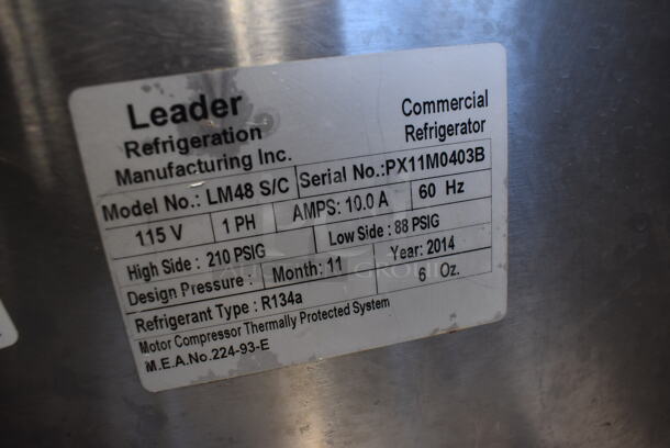 2014 Leader LM48 S/C Stainless Steel Commercial Prep Table w/ Glass Top Cabinet on Commercial Casters. 115 Volts, 1 Phase. 48x32x55. Cannot Test Due To Missing Power Cord - Image 6 of 9