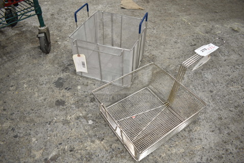 2 BRAND NEW SCRATCH AND DENT! Items; 119P980009 Anets P9800-09 13 3/4" x 12 1/4" x 5 1/2" Full Size Fryer Basket with Front Hook and 119P980079 Anets P9800-79 12" x 12" x 9" Stainless Steel Bulk Pasta Basket. 2 Times Your Bid!