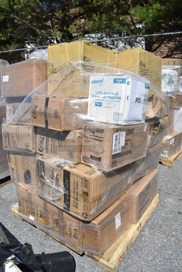 PALLET LOT of 35 BRAND NEW Boxes Including 500TO993C Choice 9" x 9" x 3" Microwaveable 3-Compartment Black / Clear Plastic Hinged Container - 100/Case, 2 box 127RD8BULK Choice 8 oz. Customizable Microwavable Translucent Round Deli Container - 500/Case, 795PTOKFT8 Choice Kraft Microwavable Folded Paper #8 Take-Out Container 6" x 4 3/4" x 2 1/2" - 300/Case, 966UPWIDEKF1-500 OneUp by Choice Kraft 1-Ply Wide Interfold 6 1/2" x 8 1/2" Dispenser Napkin - 6000/Case, 5014046 Lavex Pro 45 Gallon 3 Mil 40" x 46" Low Density Heavy-Duty Industrial Contractor Black Trash Bag / Can Liner - 50/Case, 127CH32 Choice 32 oz. Clear RPET Hinged Deli Container - 200/Case, 127DM12BULK Choice 12 oz. Ultra Clear PET Plastic Round Deli Container - 500/Case, 433NHT101 Choice 1/6 Standard Size White "Thank You" Standard-Duty Plastic T-Shirt Bag - 700/Case, 3 Box Inteplast Group PB060315H Get Reddi 6" x 3" x 15" Heavy Duty Plastic Food Bag - 1000/Case, 9991LBCBWWH Choice 4 1/4" x 9 3/4" 1 lb. White Customizable Tin Tie Cookie / Coffee / Donut Bag with Window - 100/Pack. 35 Times Your Bid!  - Image 1 of 12