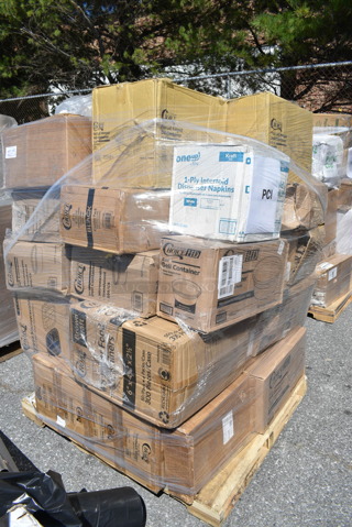 PALLET LOT of 35 BRAND NEW Boxes Including 500TO993C Choice 9" x 9" x 3" Microwaveable 3-Compartment Black / Clear Plastic Hinged Container - 100/Case, 2 box 127RD8BULK Choice 8 oz. Customizable Microwavable Translucent Round Deli Container - 500/Case, 795PTOKFT8 Choice Kraft Microwavable Folded Paper #8 Take-Out Container 6" x 4 3/4" x 2 1/2" - 300/Case, 966UPWIDEKF1-500 OneUp by Choice Kraft 1-Ply Wide Interfold 6 1/2" x 8 1/2" Dispenser Napkin - 6000/Case, 5014046 Lavex Pro 45 Gallon 3 Mil 40" x 46" Low Density Heavy-Duty Industrial Contractor Black Trash Bag / Can Liner - 50/Case, 127CH32 Choice 32 oz. Clear RPET Hinged Deli Container - 200/Case, 127DM12BULK Choice 12 oz. Ultra Clear PET Plastic Round Deli Container - 500/Case, 433NHT101 Choice 1/6 Standard Size White "Thank You" Standard-Duty Plastic T-Shirt Bag - 700/Case, 3 Box Inteplast Group PB060315H Get Reddi 6" x 3" x 15" Heavy Duty Plastic Food Bag - 1000/Case, 9991LBCBWWH Choice 4 1/4" x 9 3/4" 1 lb. White Customizable Tin Tie Cookie / Coffee / Donut Bag with Window - 100/Pack. 35 Times Your Bid! 