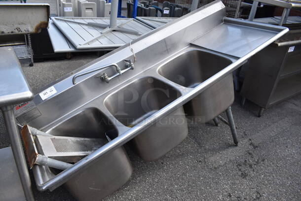 Eagle Stainless Steel Commercial 3 Bay Sink w/ Right Side Drain Board, Faucet and Handles. Bays 16x19x13. Drain Board 16x23x1 - Image 1 of 4