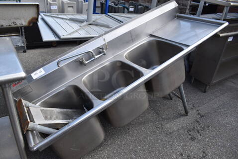 Eagle Stainless Steel Commercial 3 Bay Sink w/ Right Side Drain Board, Faucet and Handles. Bays 16x19x13. Drain Board 16x23x1