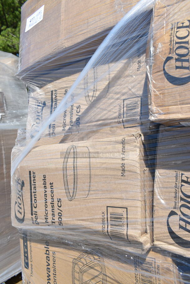 PALLET LOT of 35 BRAND NEW Boxes Including 500TO993C Choice 9" x 9" x 3" Microwaveable 3-Compartment Black / Clear Plastic Hinged Container - 100/Case, 2 box 127RD8BULK Choice 8 oz. Customizable Microwavable Translucent Round Deli Container - 500/Case, 795PTOKFT8 Choice Kraft Microwavable Folded Paper #8 Take-Out Container 6" x 4 3/4" x 2 1/2" - 300/Case, 966UPWIDEKF1-500 OneUp by Choice Kraft 1-Ply Wide Interfold 6 1/2" x 8 1/2" Dispenser Napkin - 6000/Case, 5014046 Lavex Pro 45 Gallon 3 Mil 40" x 46" Low Density Heavy-Duty Industrial Contractor Black Trash Bag / Can Liner - 50/Case, 127CH32 Choice 32 oz. Clear RPET Hinged Deli Container - 200/Case, 127DM12BULK Choice 12 oz. Ultra Clear PET Plastic Round Deli Container - 500/Case, 433NHT101 Choice 1/6 Standard Size White "Thank You" Standard-Duty Plastic T-Shirt Bag - 700/Case, 3 Box Inteplast Group PB060315H Get Reddi 6" x 3" x 15" Heavy Duty Plastic Food Bag - 1000/Case, 9991LBCBWWH Choice 4 1/4" x 9 3/4" 1 lb. White Customizable Tin Tie Cookie / Coffee / Donut Bag with Window - 100/Pack. 35 Times Your Bid!  - Image 4 of 12