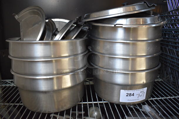 7 Stainless Steel Cylindrical Drop In Bins w/ 7 Lid. 11x11x5. 7 Times Your Bid!