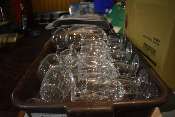 ALL ONE MONEY! Wine Glasses in Brown Poly Bus Bin. 3x3x8. (bar)