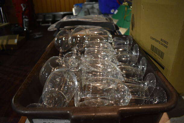 ALL ONE MONEY! Wine Glasses in Brown Poly Bus Bin. 3x3x8. (bar) - Image 1 of 4