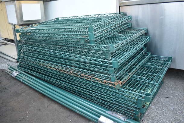 ALL ONE MONEY! Lot of 18 Green Finish Wire Shelves w/ 14 Green Finish Poles. Includes 24x36x1.5 - Image 3 of 5
