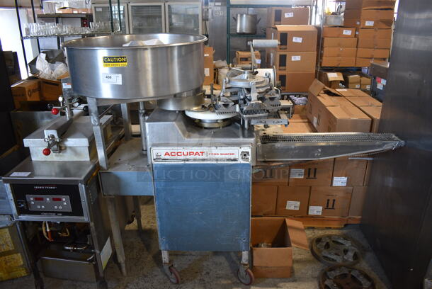 Accupat Model 3AP Metal Commercial Floor Style Food Shaper / Patty Forming Machine. Comes w/ Extra Parts! 220 Volts, 1 Phase. 58x34x60
