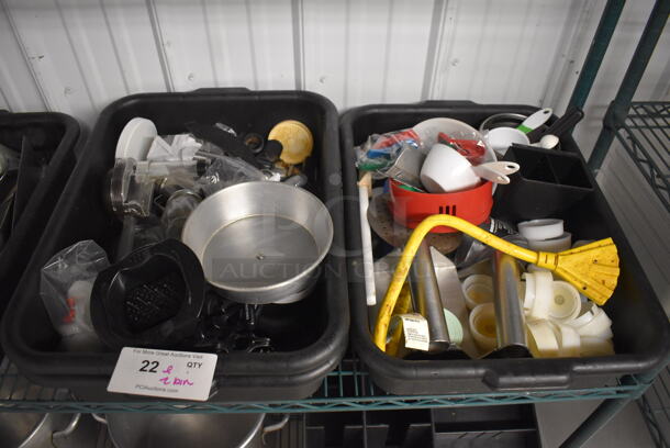 ALL ONE MONEY! Lot of 2 Black Poly Bus Bins Including Metal Lids, Poly Condiment Bottle Lids and Mandolin Slicer Holder - Image 1 of 7